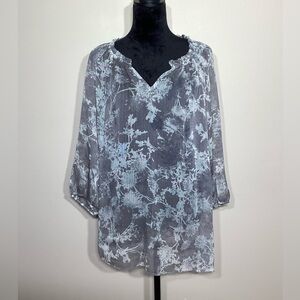 Sonoma Grey, Light Blue, and White Floral Sheer 3/4 Sleeve Blouse Size 1X
